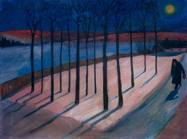 Marianne von Werefkin Mondnacht Kunstkopie, Allee kahler Bäume mit langen Schatten auf rosa Schnee unter nächtlichem Mond