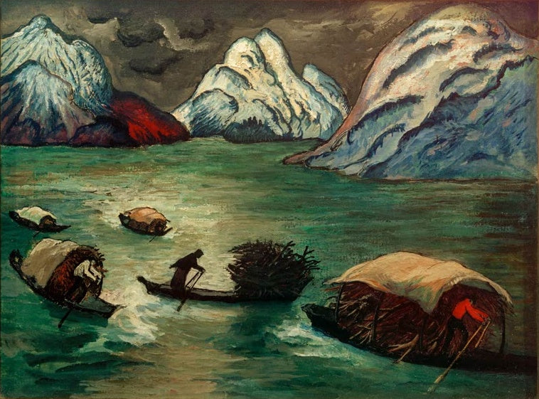Marianne von Werefkin Nach dem Sturm Kunstkopie, beladene Boote und ein Ruderer auf grünem Wasser vor Schneebergen