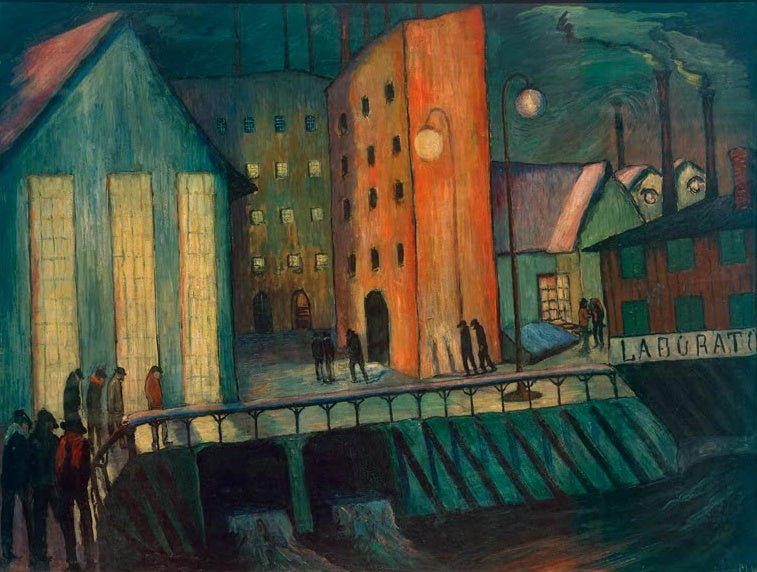 Marianne von Werefkin Nachtschicht Kunstkopie, Fabrikgebäude mit beleuchteten Fenstern, Arbeiter und Brücke bei Nacht