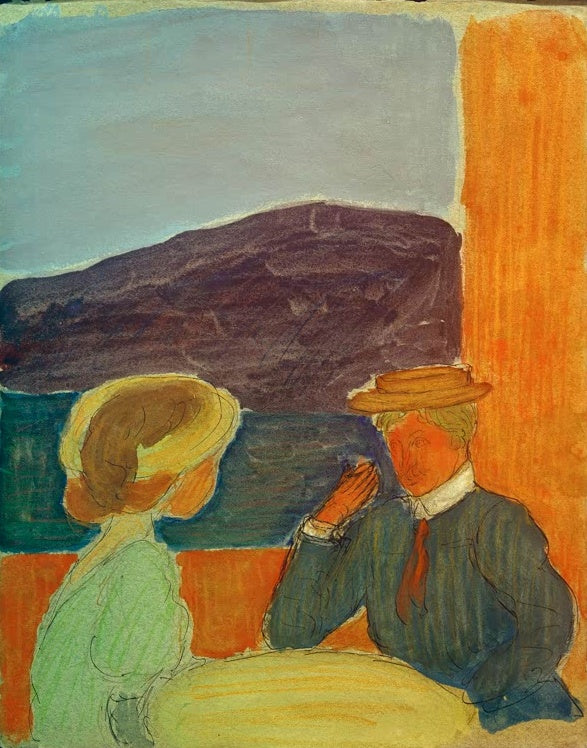 Marianne von Werefkin Paar im Gespräch Kunstkopie, Mann mit Strohhut und Frau am Tisch vor einem violetten Berg am Meer