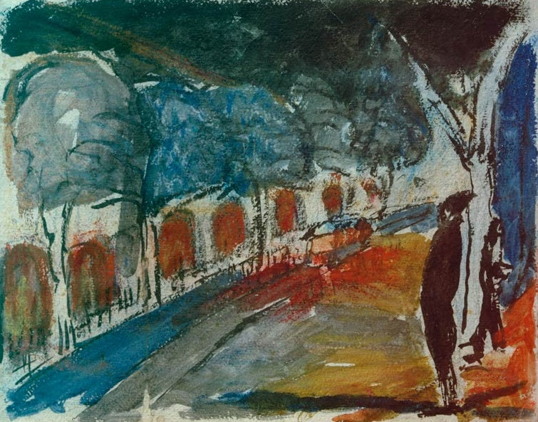Marianne von Werefkin Piazza Kunstkopie, Platz mit Bäumen, roten Bogenfenstern und einer dunklen Gestalt im Vordergrund