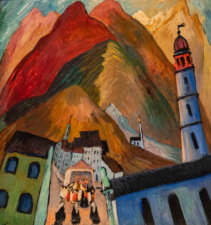 Marianne von Werefkin Prozession bei Ascona Kunstkopie, Prozession im Bergdorf mit blauem Kirchturm vor roten Bergen
