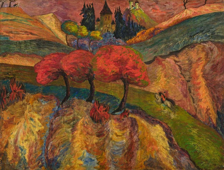 Marianne von Werefkin Romantische Landschaft mit Reitern Kunstkopie, rote Bäume vor Hügeln und Schloss in glühenden Farben