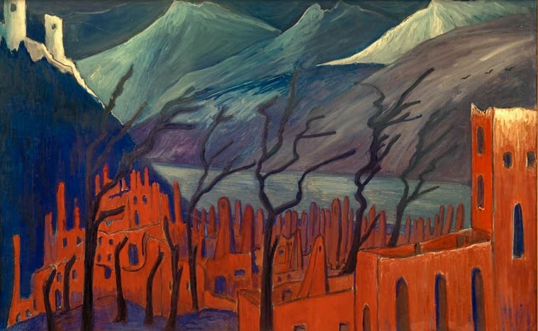 Marianne von Werefkin Rote Stadt Kunstkopie, rote Ruinenstadt mit kahlen Bäumen vor schneebedeckten Bergen