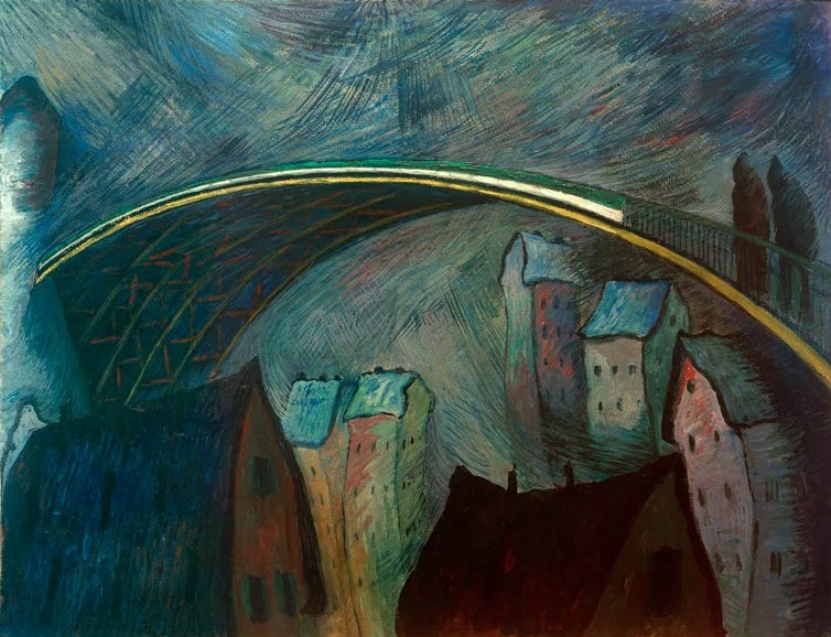 Marianne von Werefkin Schneewirbel Kunstkopie, schiefe Häuser unter einem Brückenbogen vor windgepeitschtem blauem Himmel