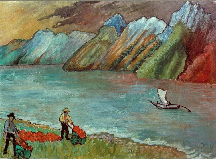 Marianne von Werefkin Seelandschaft Kunstkopie, türkisfarbener See mit Segelboot, bunte Berge und zwei Männer mit Handkarren