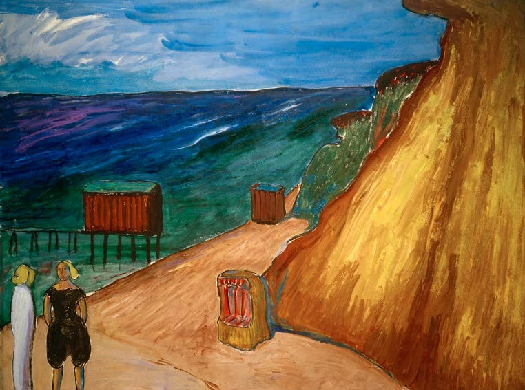 Marianne von Werefkin Steilküste von Ahrenshoop Kunstkopie, Strandkorb und zwei Frauen vor blauem Meer und gelber Klippe