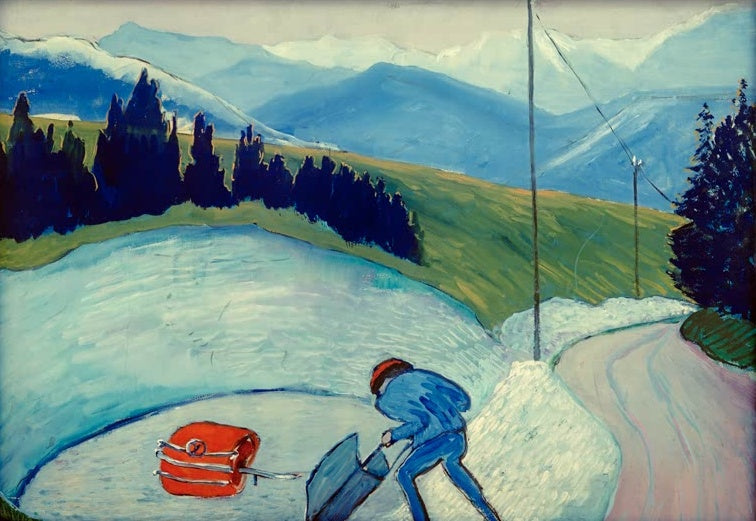Marianne von Werefkin Steingrube Kunstkopie, Arbeiter mit Schubkarre im Schnee vor blauen Bergen und Tannen
