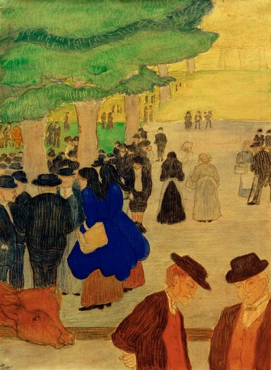 Marianne von Werefkin Viehmarkt Kunstkopie, Menschenmenge in dunkler Kleidung unter grünen Bäumen mit rotbraunem Rind