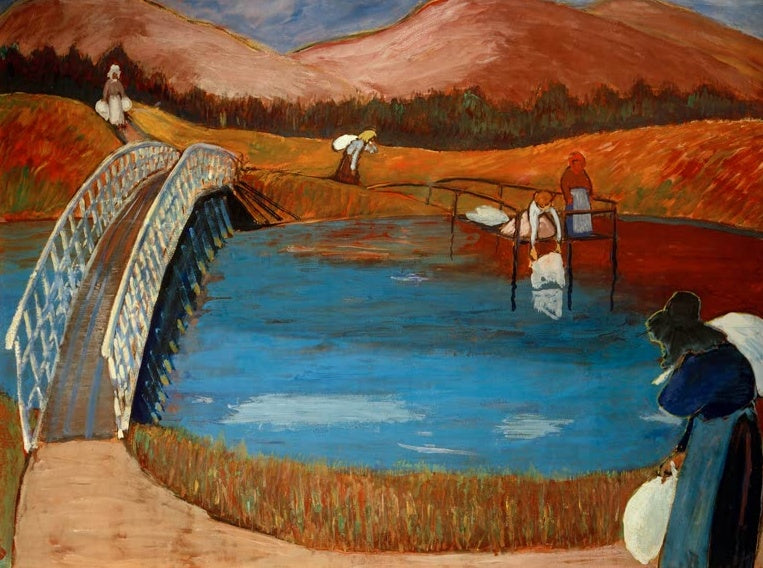 Marianne von Werefkin Waschfrauen Kunstkopie, Wäscherinnen an einem tiefblauen Teich mit weißer Brücke vor orangeroten Hügeln