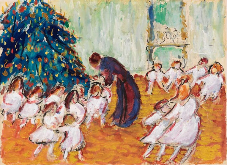 Marianne von Werefkin Weihnachtsbaum Kunstkopie, Kinder in Weiß tanzen um einen blauen Weihnachtsbaum