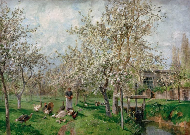 Marie Egner An einem lichten Frühlingsmorgen Kunstkopie, blühende Apfelbäume und Federvieh auf einer Wiese