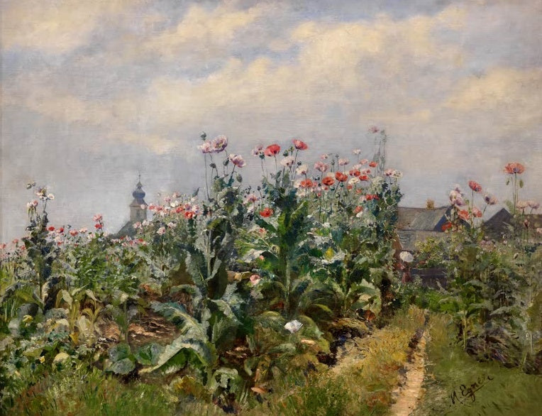 Marie Egner Blühendes Mohnfeld in der Steiermark Kunstkopie, rosa und rote Mohnblüten vor einem Kirchturm unter Wolken