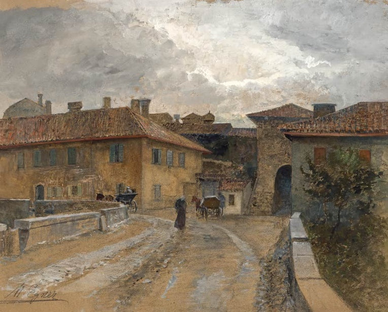 Marie Egner Duino Kunstkopie, ockerfarbene Häuser mit roten Dächern, Torbogen und Kutschen unter bewölktem Himmel