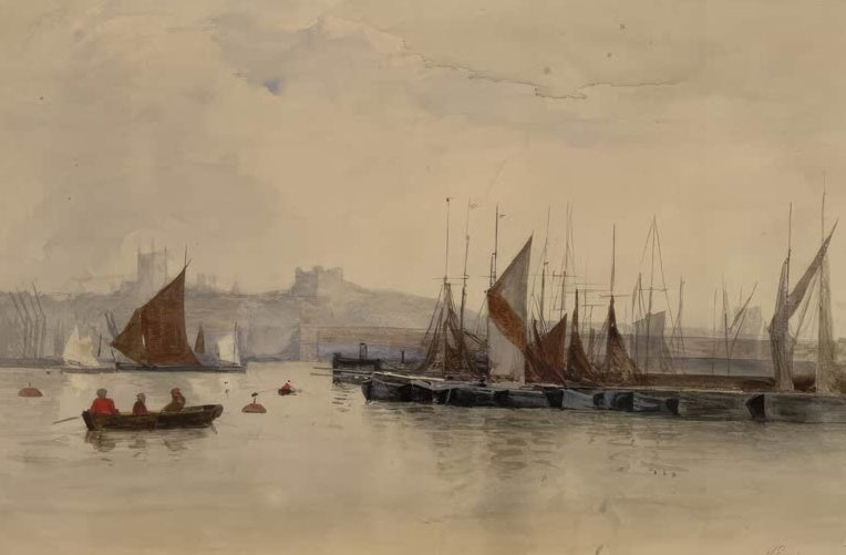Marie Egner Hafenbild, Rochester in England Kunstkopie, Segelboote und Ruderboot auf stillem Wasser im Dunst