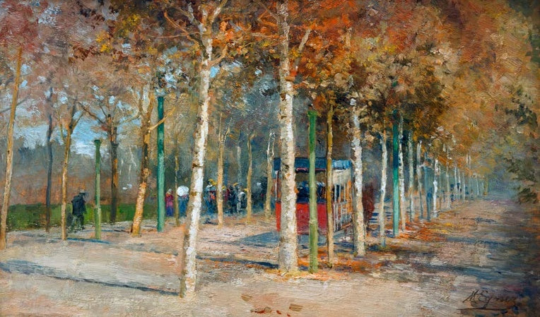 Marie Egner Tram auf dem Lido Kunstkopie, rote Pferdebahn und Spaziergänger in einer herbstlichen Allee