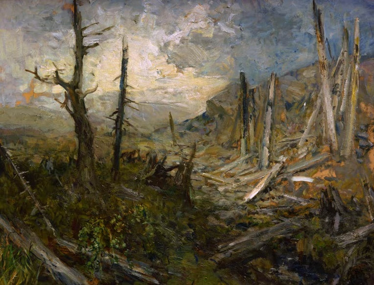 Marie Egner Windbruch auf der Koralpe Kunstkopie, gesplitterte Baumstämme unter bewegtem Wolkenhimmel