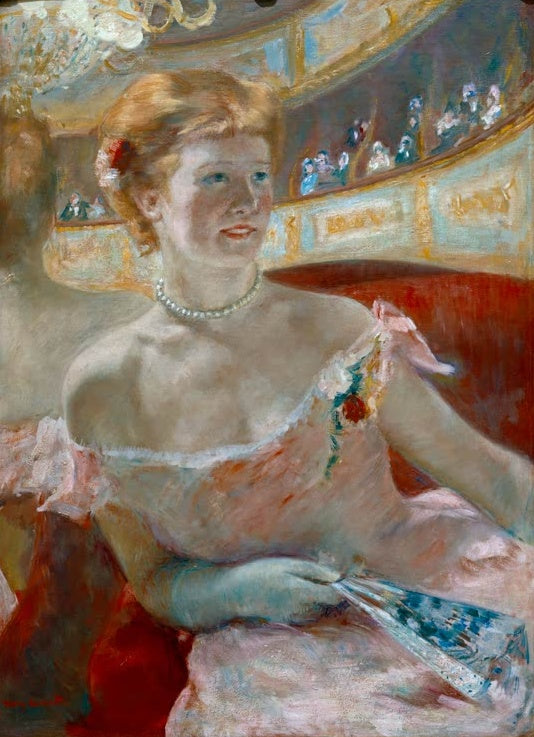 Frau in rosa Abendkleid mit Perlenkette in der Loge – Mary Cassatt Dame in einer Loge mit einer Perlenkette Kunstkopie