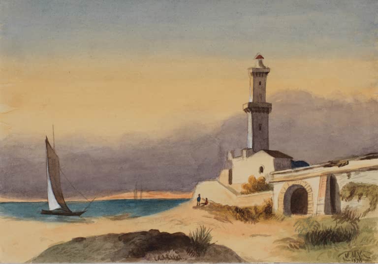 Mary Vaux Walcott Küstenlandschaft mit Leuchtturm Kunstkopie, Leuchtturm, Segelboot und Abendhimmel an einer Küste