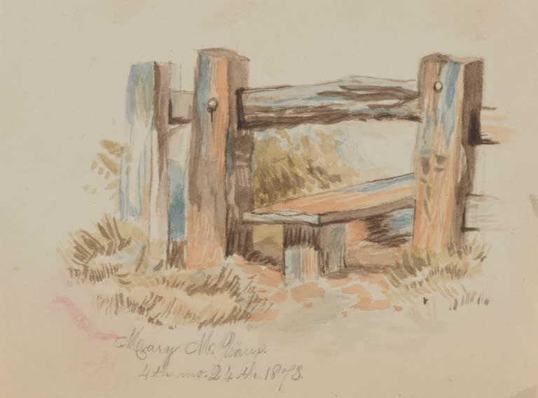 Mary Vaux Walcott Zauntritt aus Holz Kunstkopie, verwitterter Holzzauntritt im Gras mit bläulichen Schatten