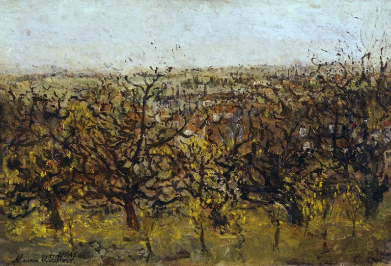 Kahle Obstbäume mit gelbem Gras im Vordergrund unter hellem Himmel – Maurice Utrillo Apfelbäume in Montmagny Kunstkopie