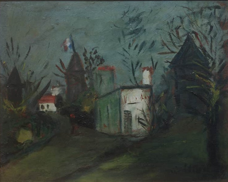 Dunkle Landschaft mit Windmühle, grünem Haus und Fahne – Maurice Utrillo Blick auf Montmartre, der 14. Juli Kunstkopie