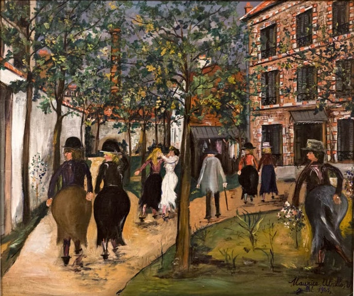 Park mit Bäumen, davor eine Gruppe in dunkler Kleidung und ein Backsteinhaus – Maurice Utrillo Das Asyl Kunstkopie