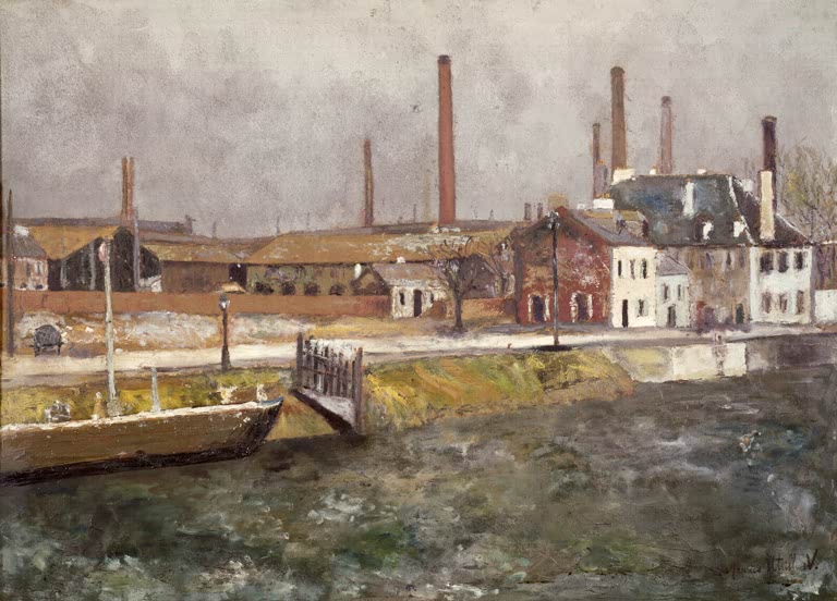 Fabrikanlage mit Schornsteinen am Kanal, davor ein Boot am Ufer – Maurice Utrillo Der Canal Saint-Denis Kunstkopie