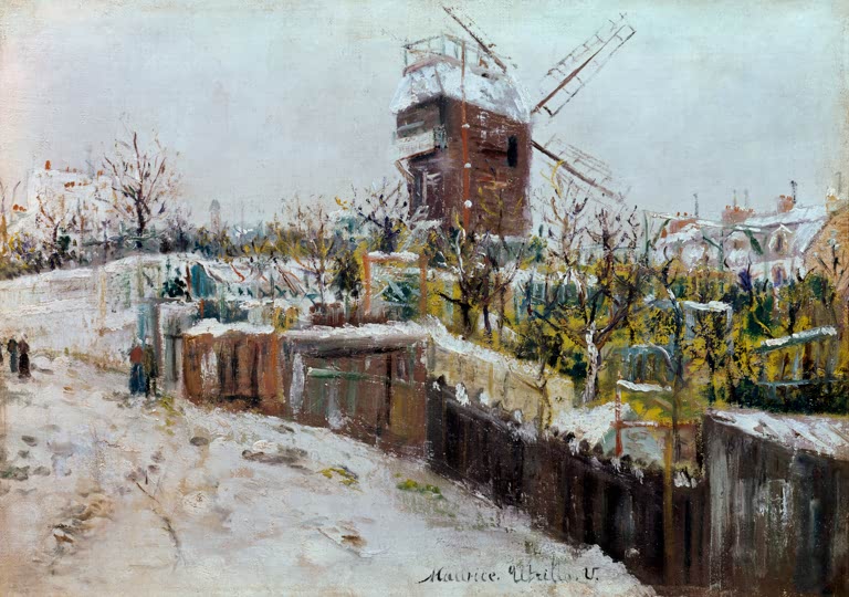 Verschneite Windmühle hinter Mauern und kahlen Bäumen – Maurice Utrillo Der Moulin de la Galette im Schnee Kunstkopie