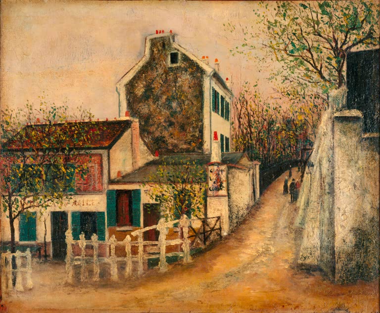 Kleines Haus mit weißem Zaun an einem Weg zwischen Mauer und Bäumen – Maurice Utrillo Der Schiefe Hase Kunstkopie