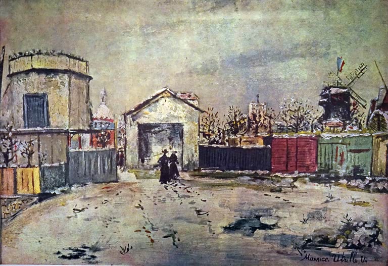 Verschneiter Platz mit zwei Figuren vor Hütten, Zäunen und Windmühle – Maurice Utrillo Der Turm des Philosophen Kunstkopie