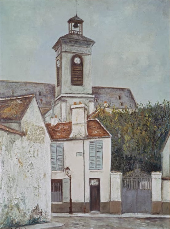 Weißes Haus mit Glockenturm, davor Gartentor und Laterne – Maurice Utrillo Die Kirche Sainte-Magruerite Kunstkopie