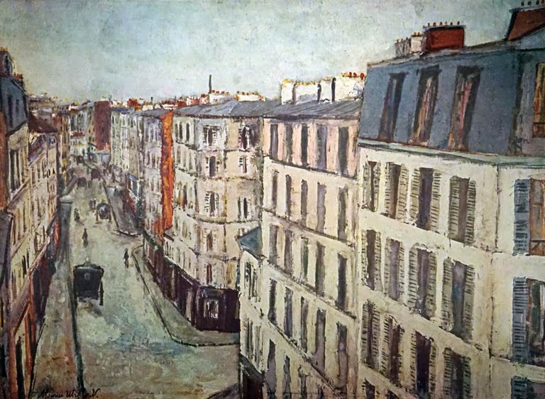 Blick von oben in lange Straße mit hohen Häusern, Kutsche – Maurice Utrillo Die Rue de la Jonquière Kunstkopie