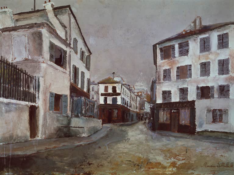 Leere Straßenecke mit hellen Häusern, dahinter das Sacré-Cœur – Maurice Utrillo Die Rue Norvins Kunstkopie