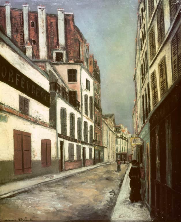 Schmale Pariser Straße mit hohen Häusern und einer Frau – Maurice Utrillo Die Straße in Saint-Ouen Kunstkopie