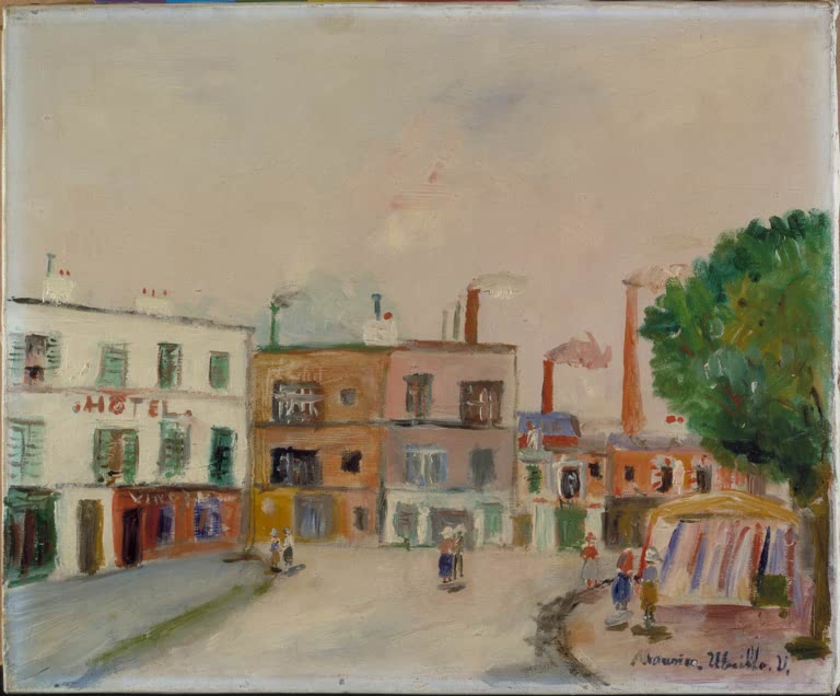 Vorstadtplatz mit Hotel, rauchenden Fabrikschloten und kleinen Figuren – Maurice Utrillo Die Vorstadtfabriken Kunstkopie