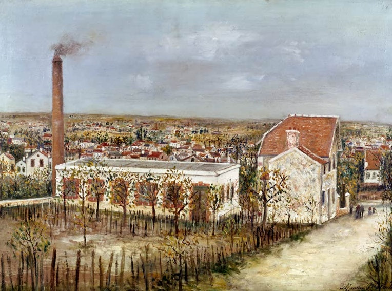 Fabrik mit hohem Schornstein über der Vorstadtlandschaft von Sannois – Maurice Utrillo Fabrik in Sannois Kunstkopie