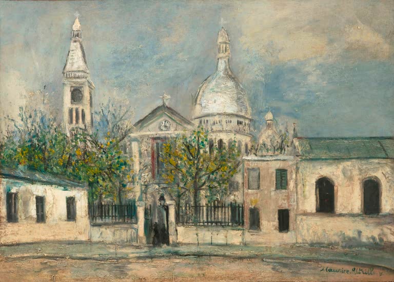 Weiße Kirche mit Kuppel und Turm hinter Gitterzaun, davor dunkle Gestalt – Maurice Utrillo Kirche Saint-Pierre Kunstkopie