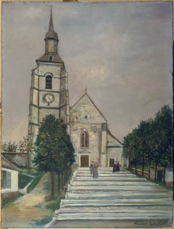 Kirche mit Turm am Ende einer breiten Treppe zwischen Bäumen – Maurice Utrillo Kirche von Moulins Kunstkopie