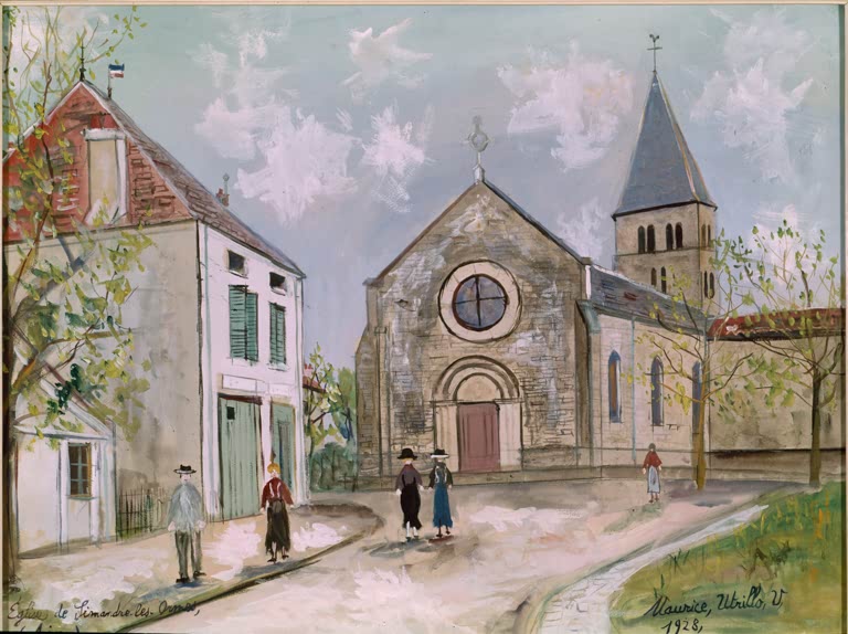 Romanische Kirche mit Rundfenster, Passanten und Wolkenhimmel davor – Maurice Utrillo Kirche von Simandre Kunstkopie