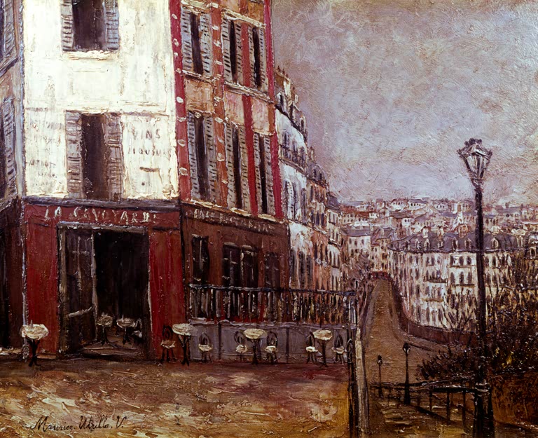 Rotes Café an der Straßenecke mit Laterne und weitem Blick über Paris – Maurice Utrillo La Savoyarde Kunstkopie