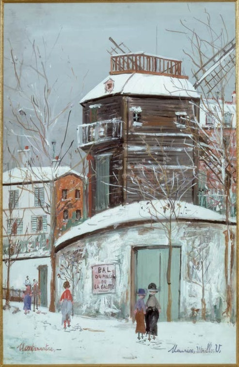 Verschneite Windmühle mit Holzaufbau und Plakat Bal du Moulin – Maurice Utrillo Le Moulin de la Galette Kunstkopie