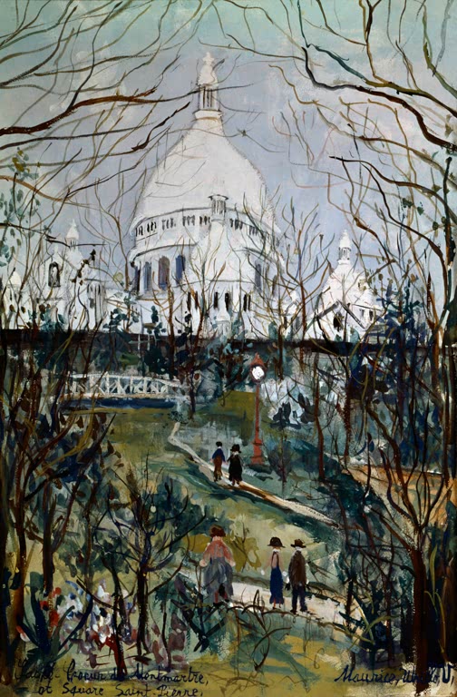 Weiße Kuppeln des Sacré-Cœur hinter kahlen Bäumen, Spaziergänger im Park – Maurice Utrillo Le Sacré-Coeur Kunstkopie