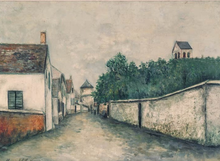 Leere Gasse zwischen weißem Haus und langer Mauer unter hellem Himmel – Maurice Utrillo Marizy-Saint-Geneviève Kunstkopie