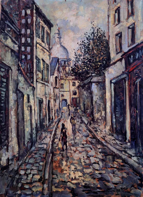 Enge Pflastergasse mit einer Gestalt, im Hintergrund eine Kuppel – Maurice Utrillo Montmartre Kunstkopie