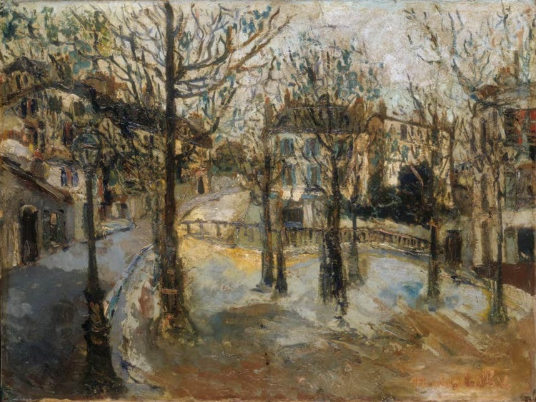 Verschneiter Platz mit kahlen Bäumen, Laterne und Häusern in Montmartre – Maurice Utrillo Place Ravignan Kunstkopie