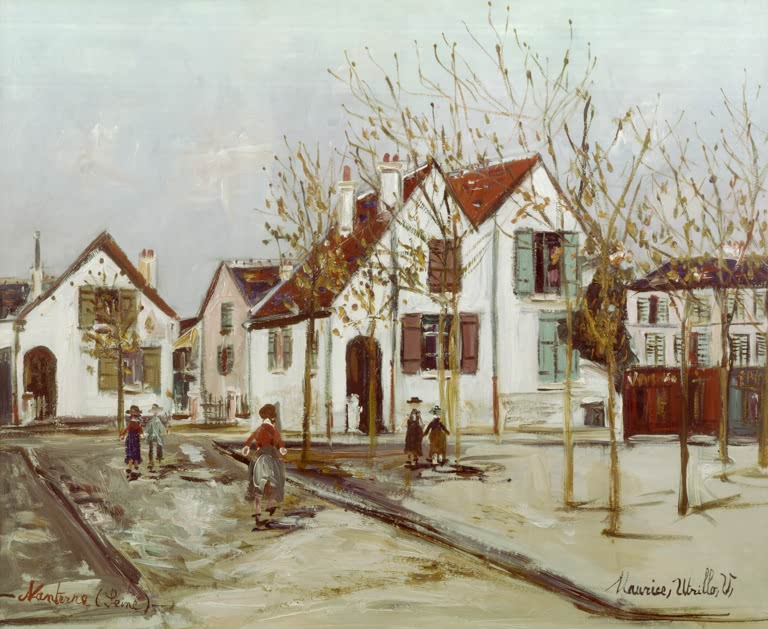 Platz mit weißen Häusern, kahlen Bäumen und Passanten im Winter – Maurice Utrillo Platz in Nanterre Kunstkopie