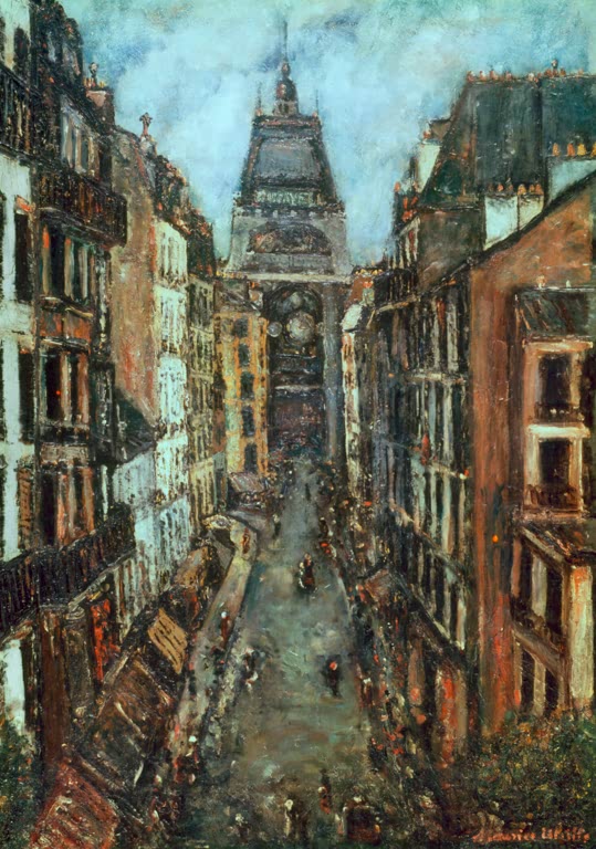 Tiefe Straßenschlucht mit hohen Häusern und Kuppelbau am Ende – Maurice Utrillo Rue André del Sarte Kunstkopie