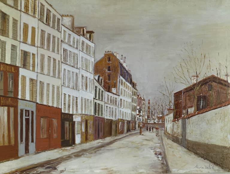 Lange Pariser Straße mit Hotels, hohen Fassaden und kahlen Bäumen – Maurice Utrillo Rue des Poissonniers Kunstkopie