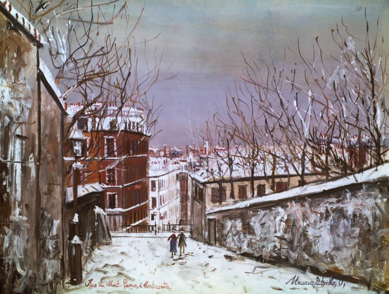Verschneite Straße mit kahlen Bäumen, Mauer und rotem Haus – Maurice Utrillo Rue du Mont-Cenis à Montmartre Kunstkopie